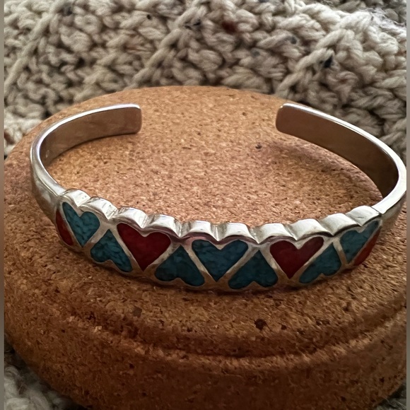 Jewelry - Native American Sterling Silver Zuni Heart Cuff  Bracelet with Turquoise